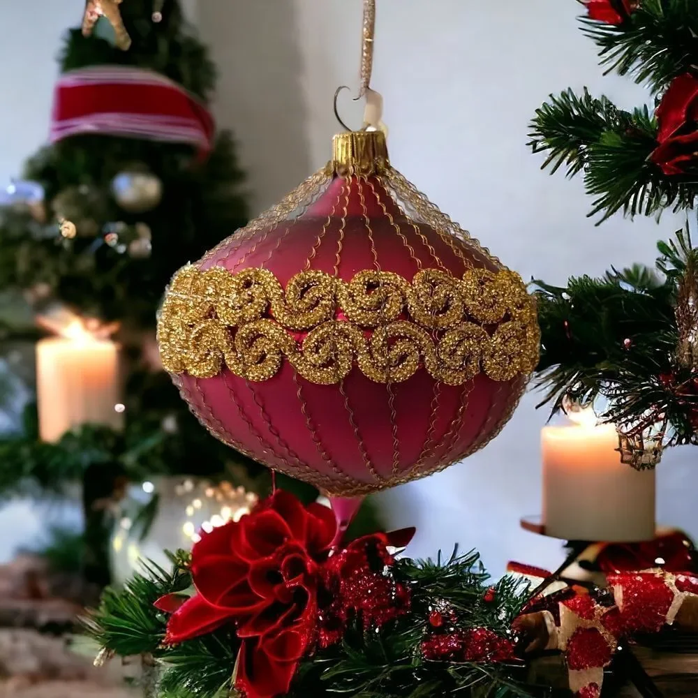 Hand Blown Glass Onion Shaped Ornament Fine Gold Chain Wrapped Victorian Germany